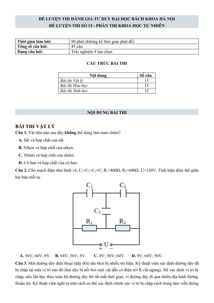 Đề luyện thi số 13 - Phần thi Khoa học tự nhiên (13)