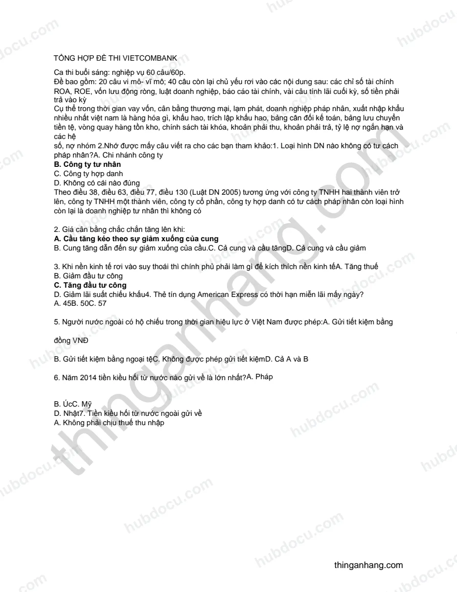 Đề thi Vietcombank (VCB) ngày 15-8-2015