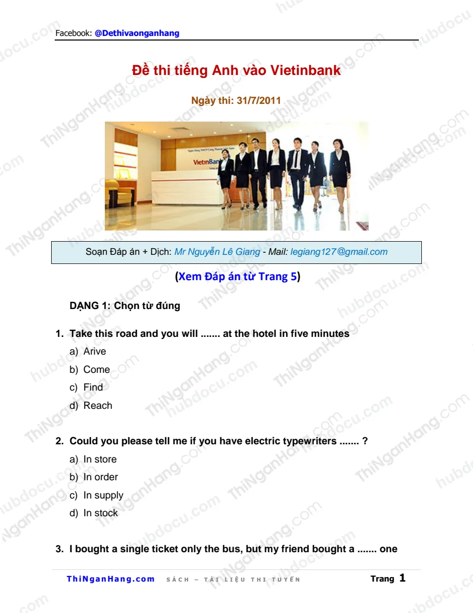 Đề thi tiếng Anh vào Vietinbank ngày 31-7-2011 (kèm Đáp án và Dịch)