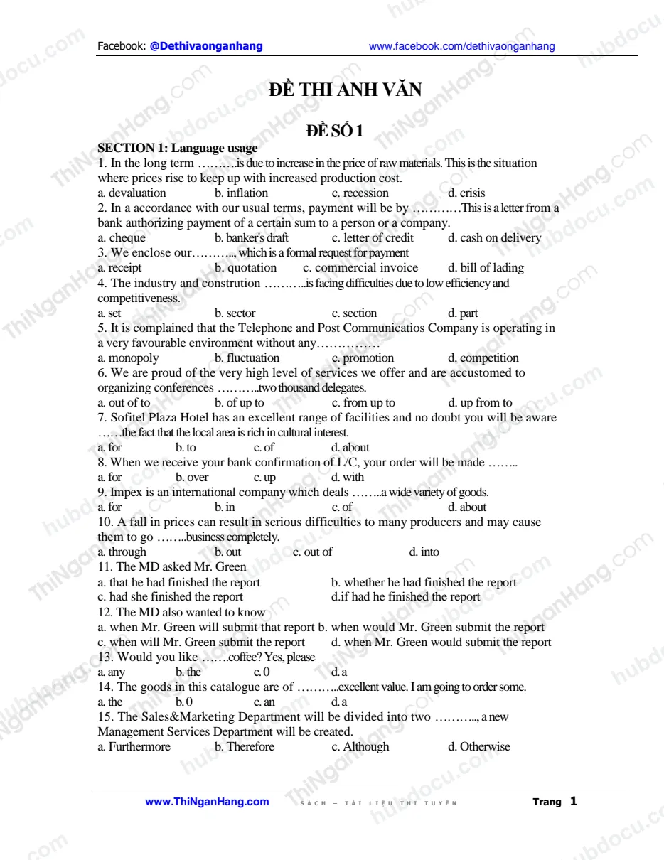4 Đề thi Anh văn vào Vietcombank (VCB)