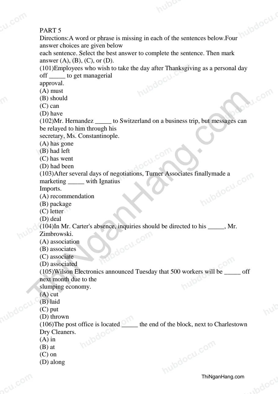Đề Toeic 2017: Part 5