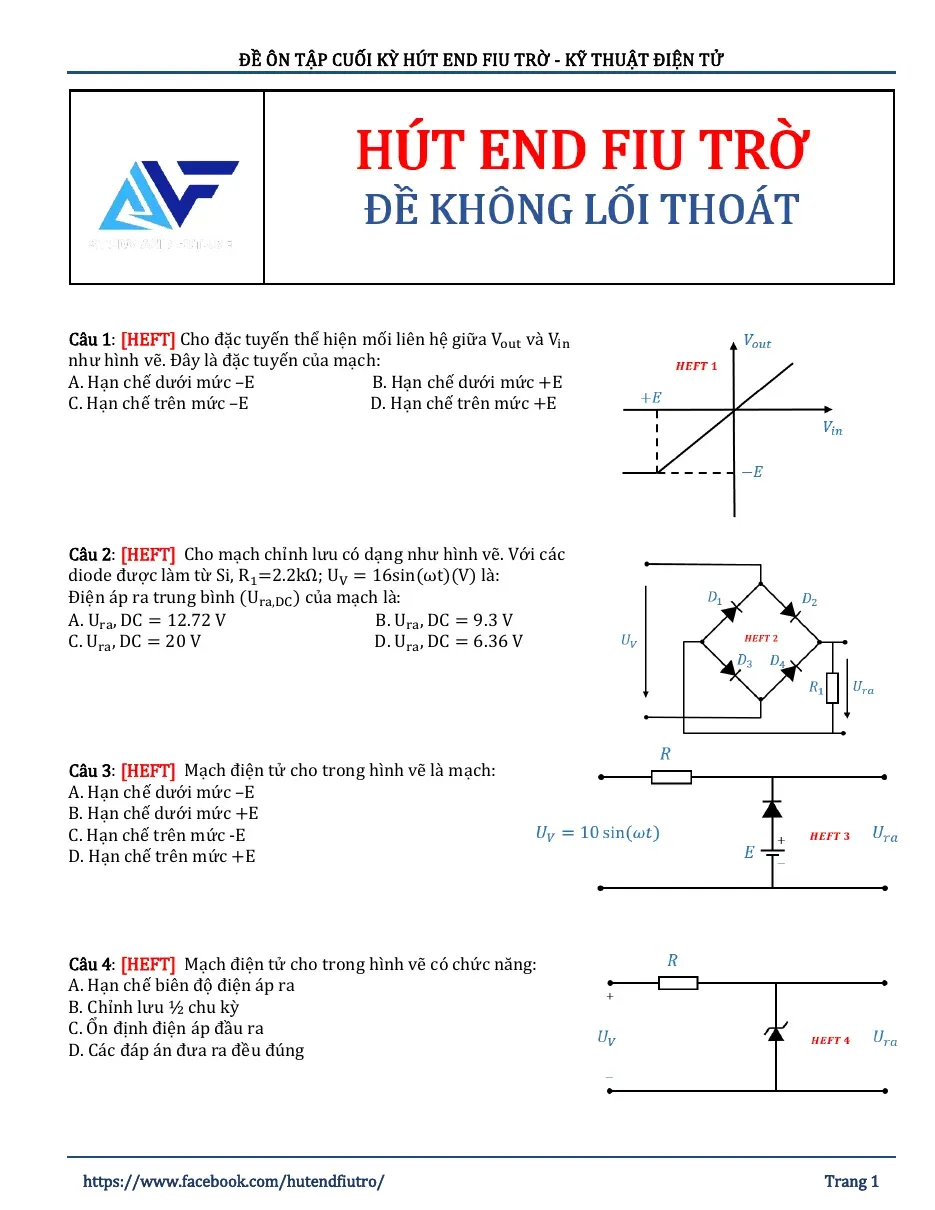 Đề ôn tập cuối kỳ (Mạch diode, BJT và khuếch đại thuật toán) - Kỹ thuật điện tử