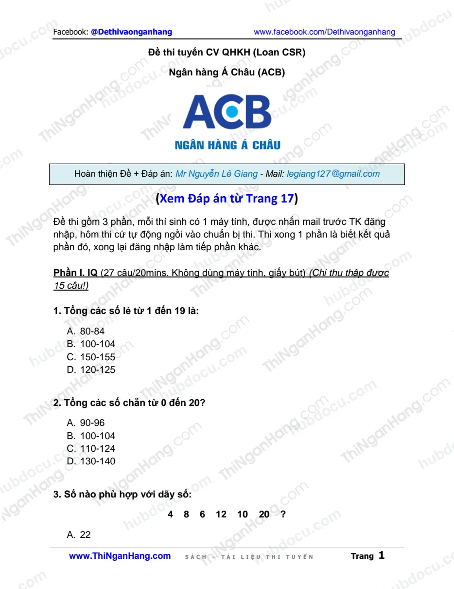 Đề thi tín dụng Loan CSR vào ACB (Full) (kèm Đáp án chi tiết)