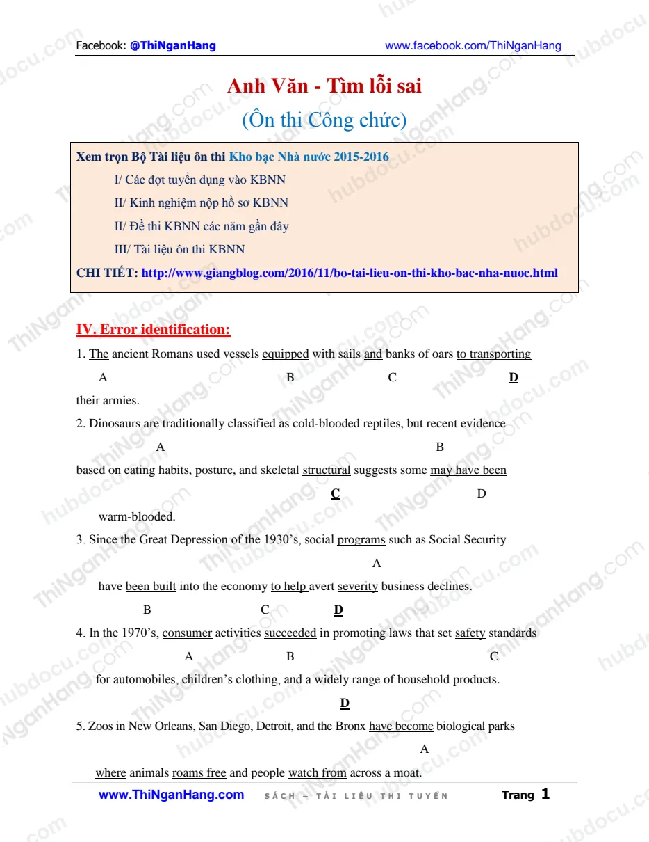 Đáp án Anh văn - Tìm lỗi sai (Error Identification) - Ôn thi Công chức