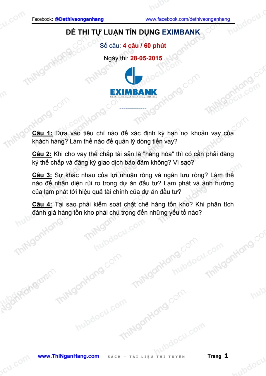 Đề thi Nhân viên tín dụng Eximbank (28-05-2015)