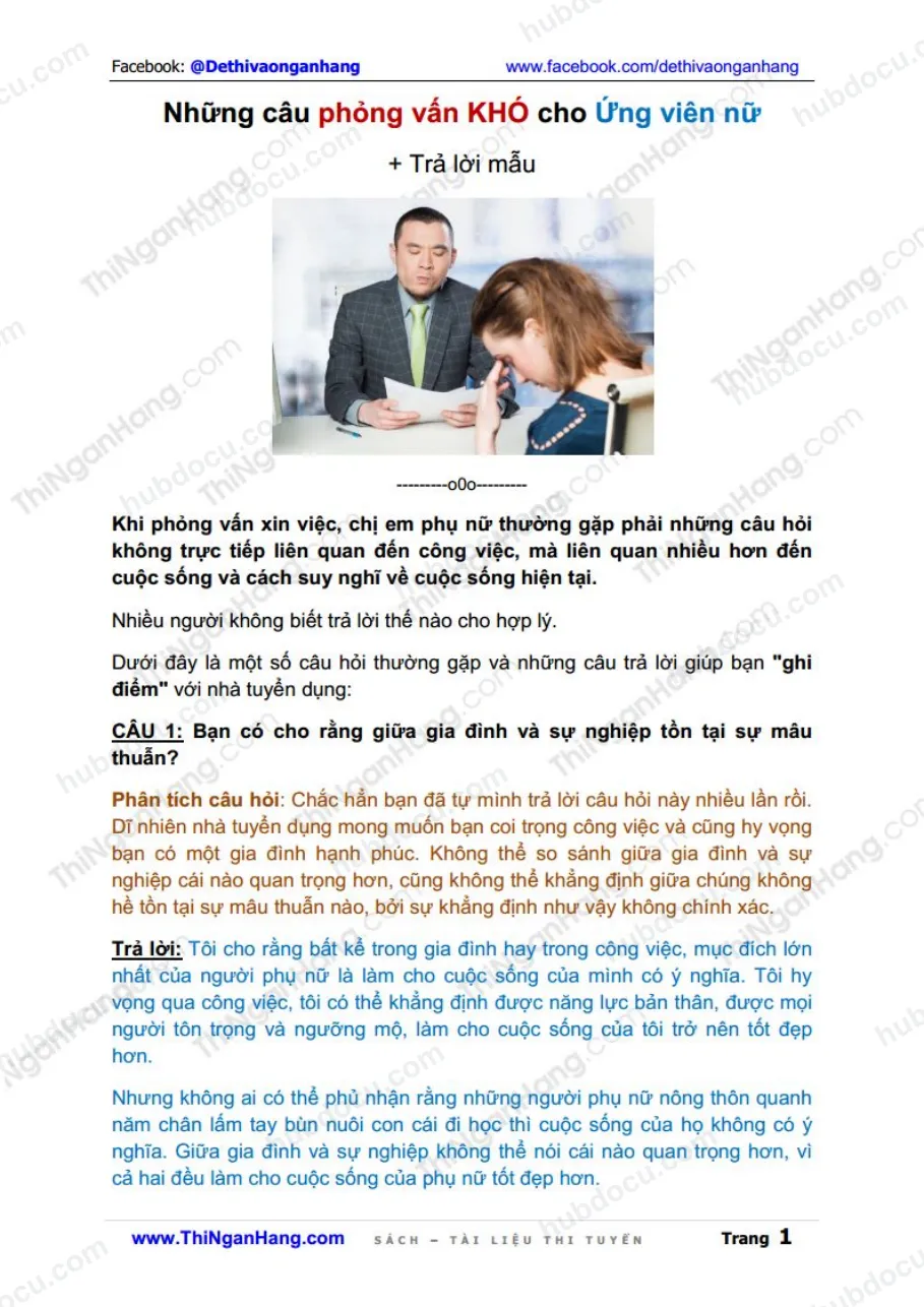 Những câu hỏi phỏng vấn khó cho ứng viên nữ và Trả lời mẫu