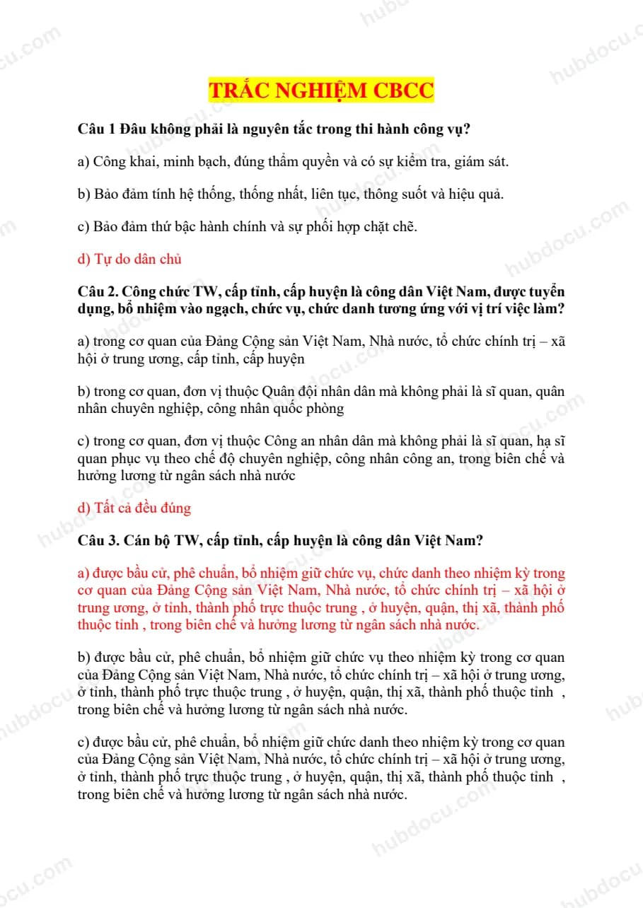 Tài liệu trắc nghiệm tổng hợp - Cán bộ công chức