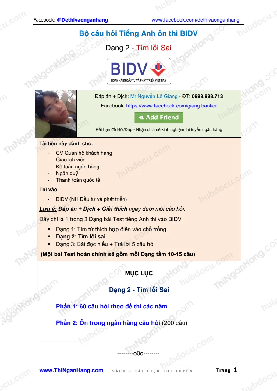 Bộ câu hỏi tiếng Anh ôn thi BIDV - Dạng 2. Tìm lỗi Sai