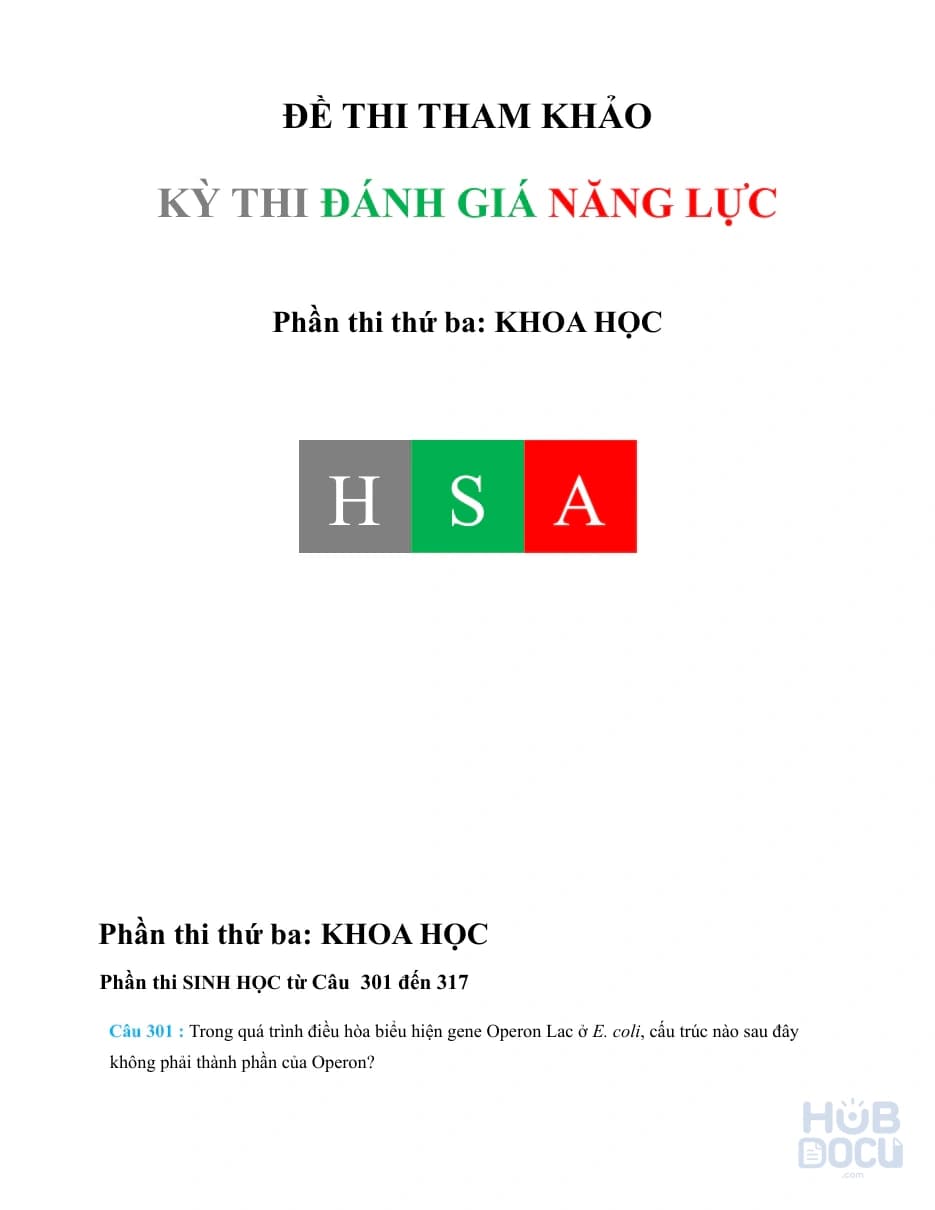 Đánh giá năng lực (HSA) Đợt 2.Đề 10 - Sinh học (HS)