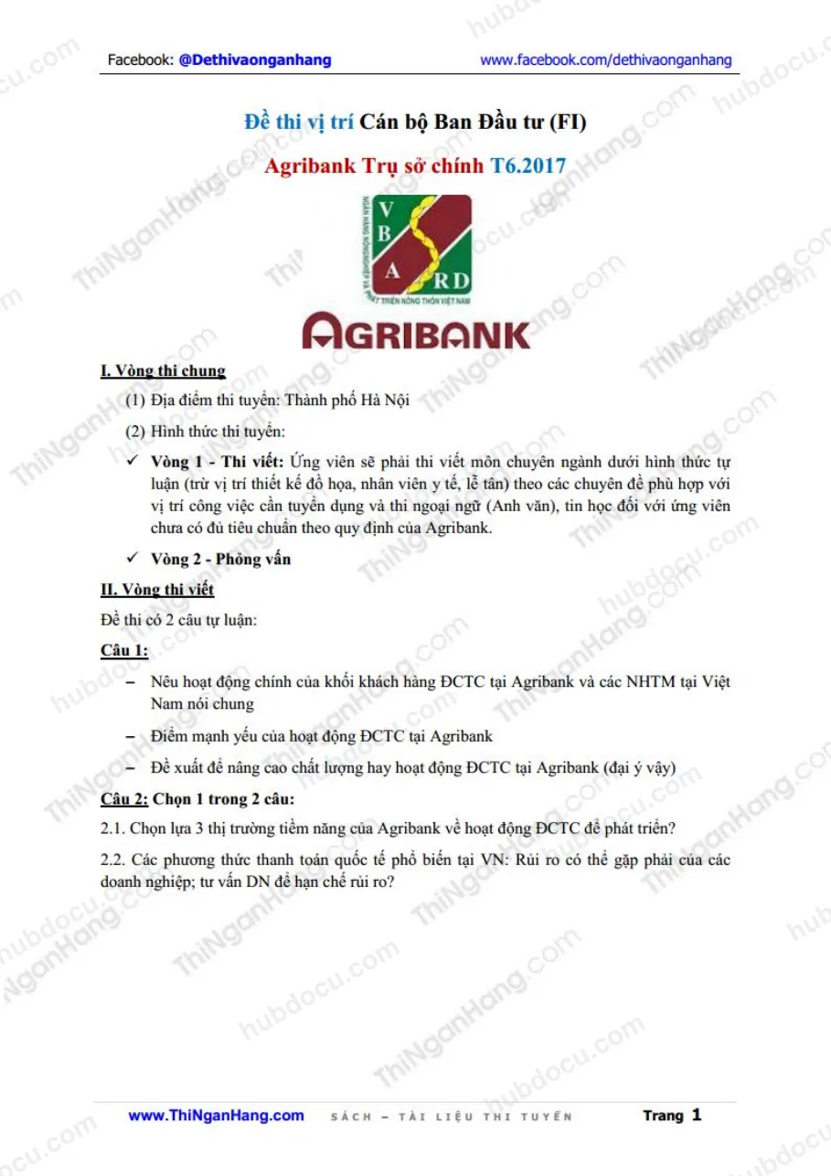 Đề thi Cán bộ Ban đầu tư - Agribank Trụ sở chính T6-2017