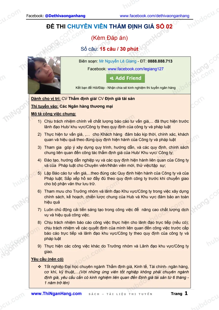 Đề thi CV Thẩm định giá số 02 (kèm Đáp án)