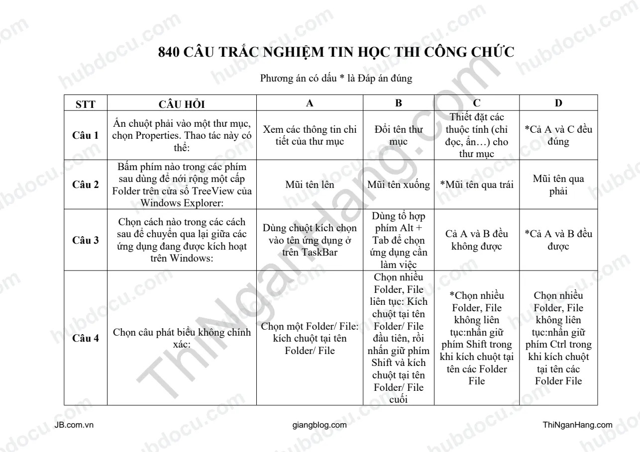 840 câu trắc nghiệm Tin học thi Công chức giáo viên