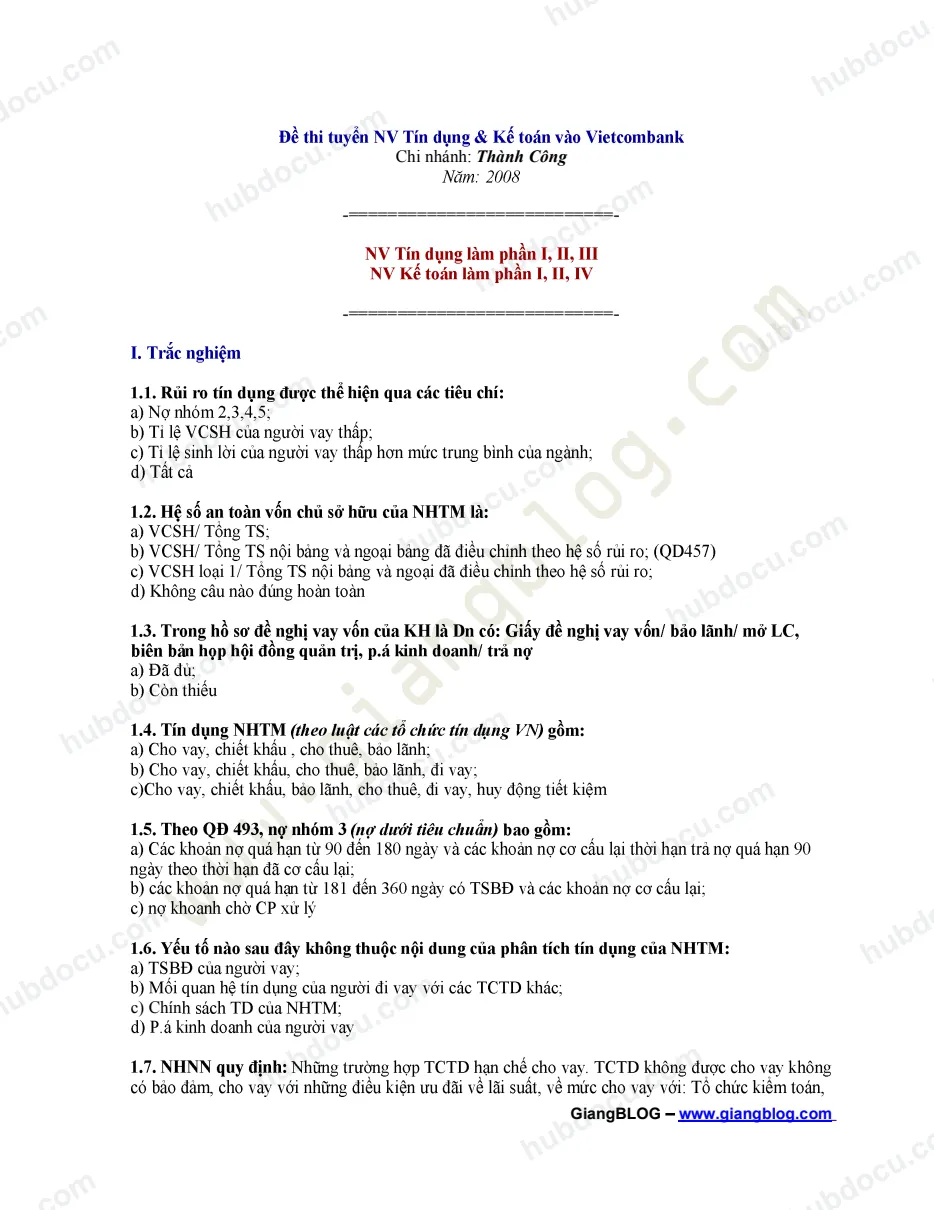Đề thi Tín dụng và Kế toán Vietcombank 2008