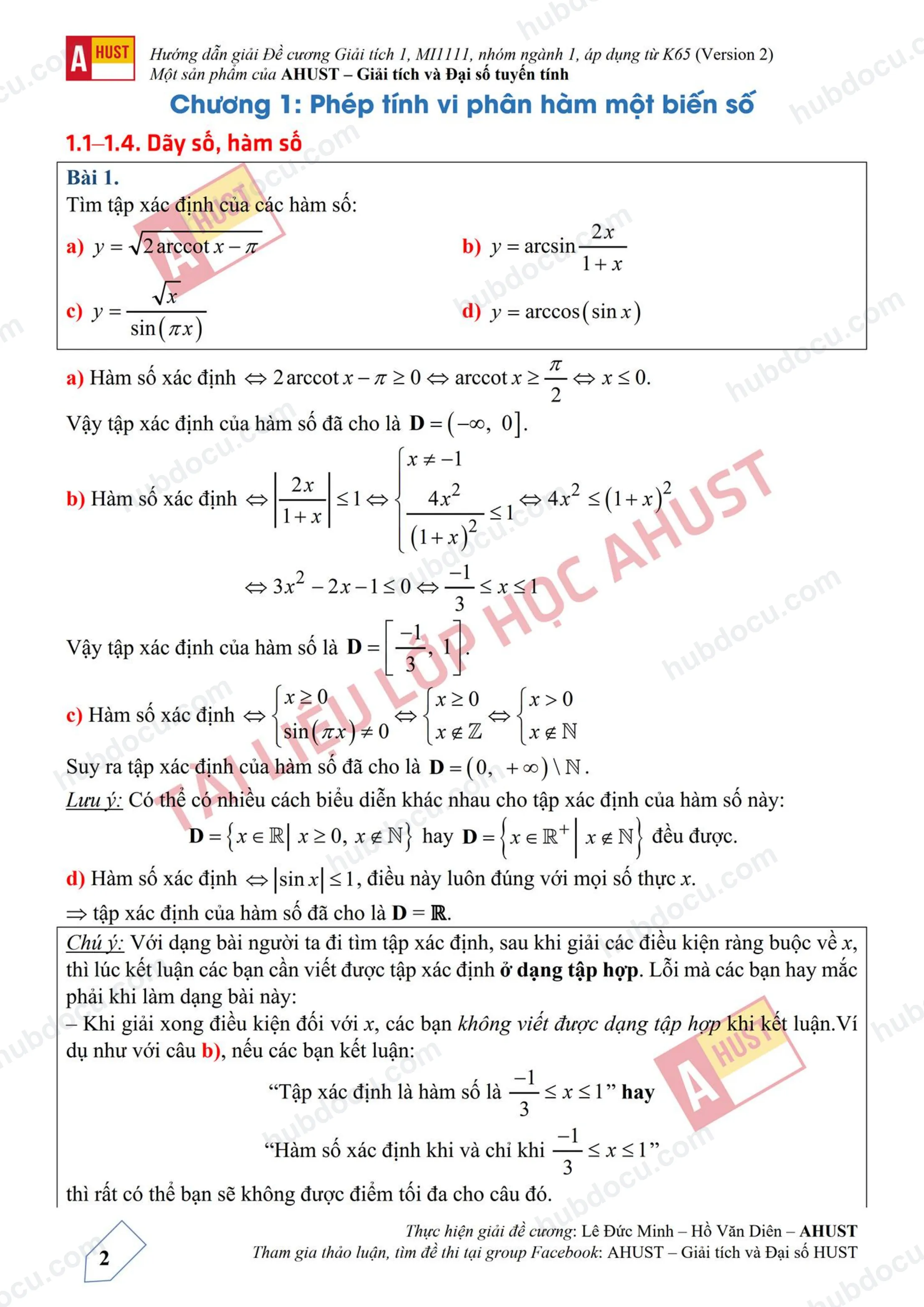 Bài tập Giải tích 1 - HUST (có đáp án)
