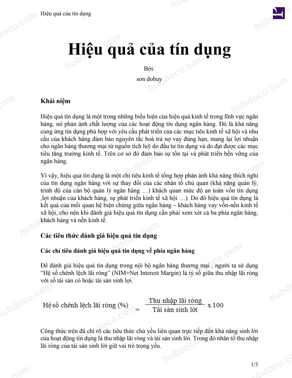 Các chỉ tiêu đánh giá hiệu quả hoạt động tín dụng của ngân hàng