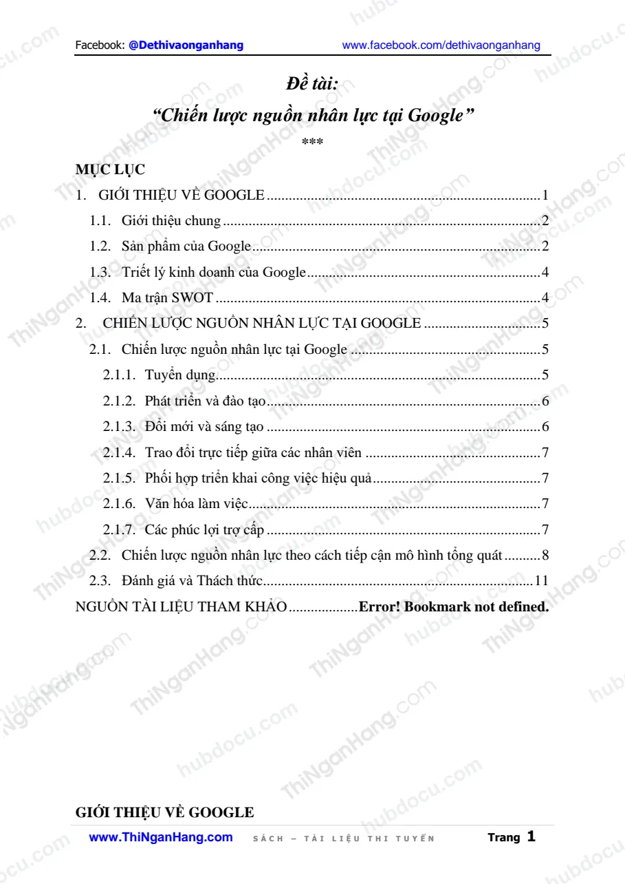 Tiểu luận: Chiến lược nguồn nhân lực tại Google
