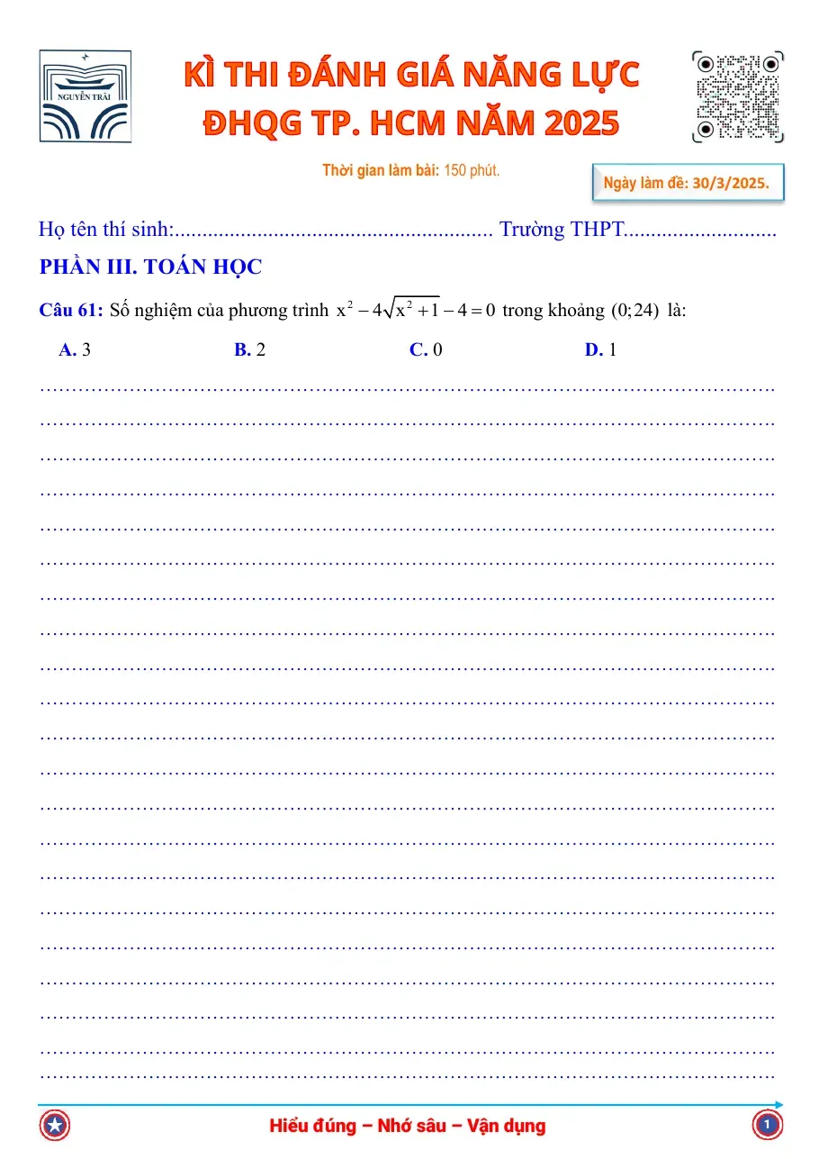 Đề thi ĐGNL ĐHQG Hồ Chí Minh (V-ACT) Đợt 1.2025 (30.3.2025)