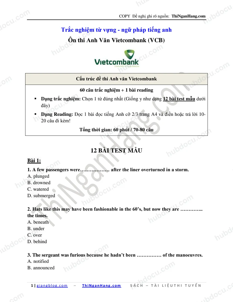 12 Test Anh Văn mẫu - Ôn thi Vietcombank 2016 (VCB) (Có KEY)