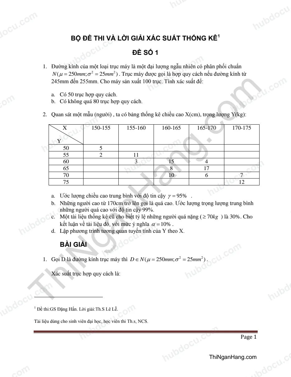 Đáp án chi tiết 10 đề xác suất thống kê