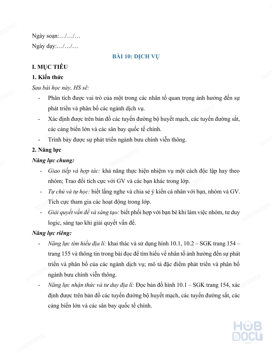 Giáo án Năng lực số (Địa lý 9) - Bài 10.Dịch vụ