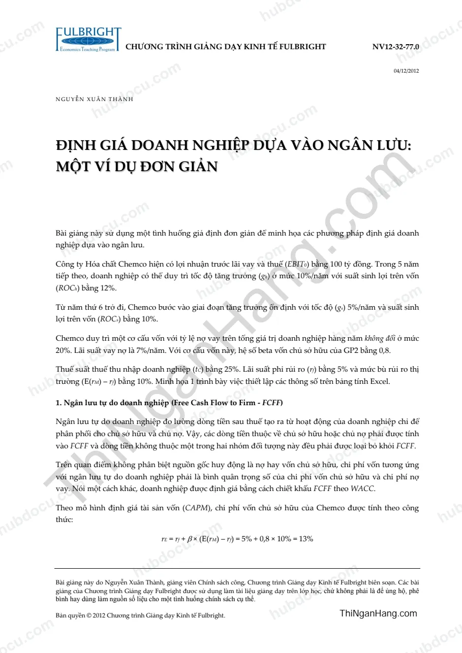 Ví dụ định giá doanh nghiệp dựa vào ngân lưu ròng - Nguyễn Xuân Thành (Full Bright)