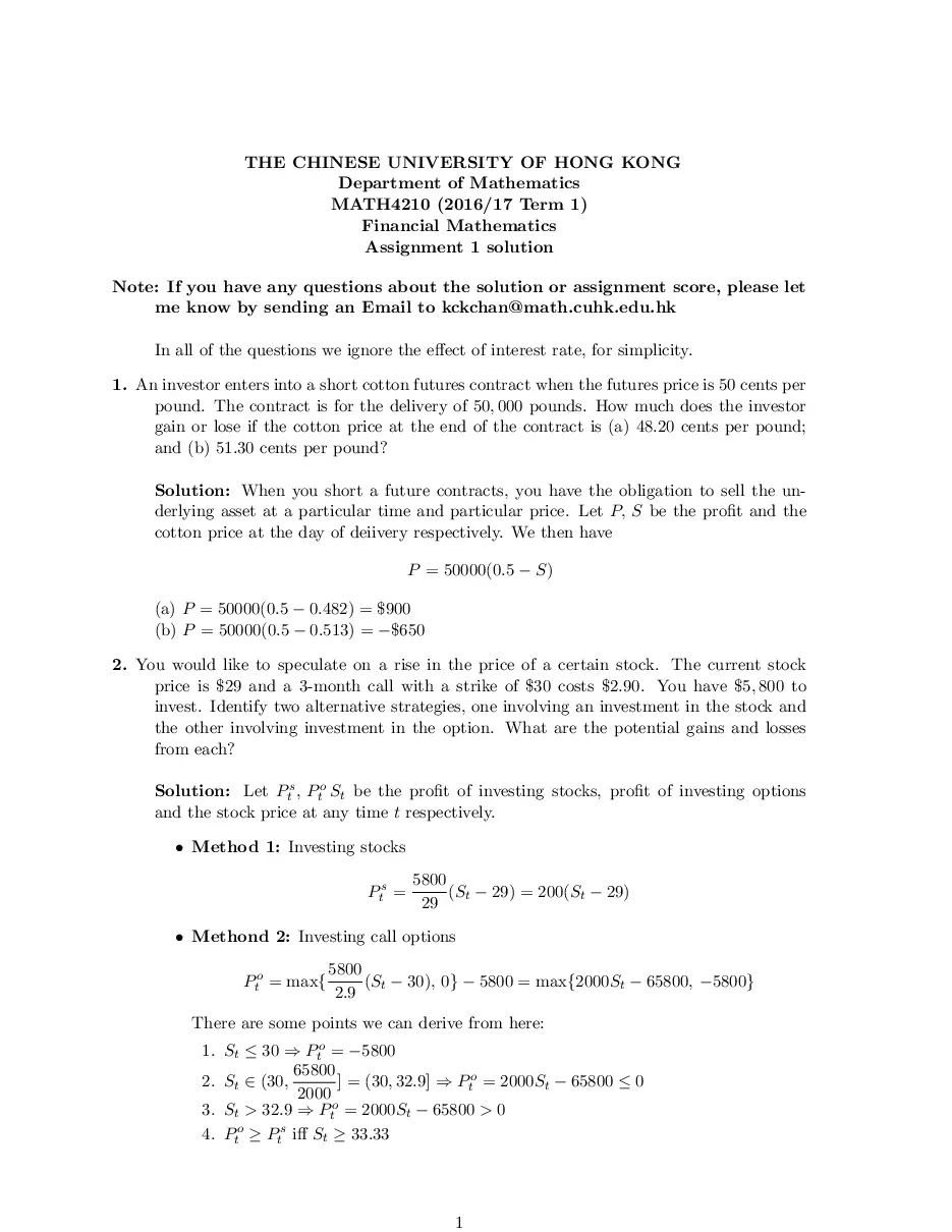 Financial Mathematics HONG KONG (Assignment 1) (Bài tập môn Toán tài chính)