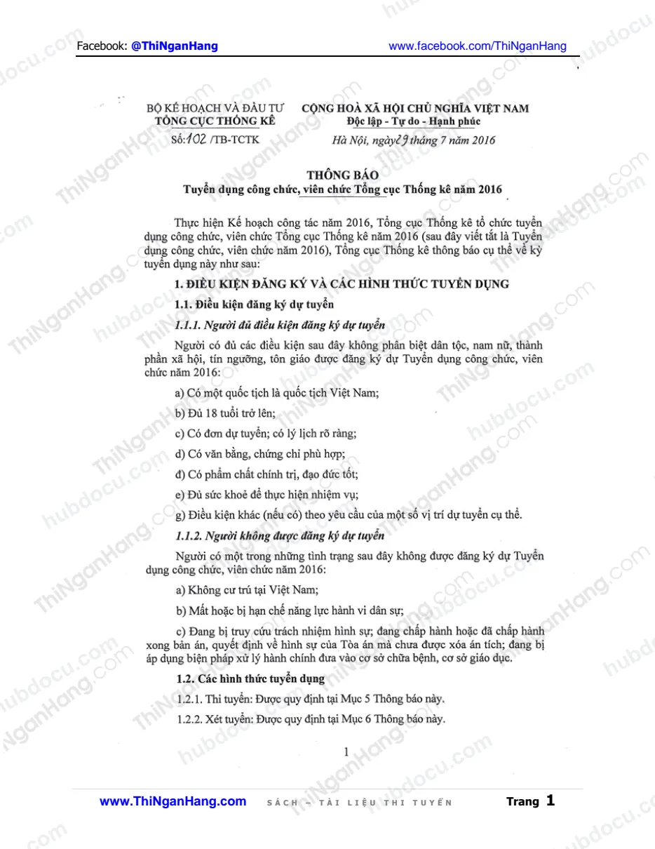 Thông tin tuyển dụng Công chức, Viên chức Tổng cục Thống kê 2016