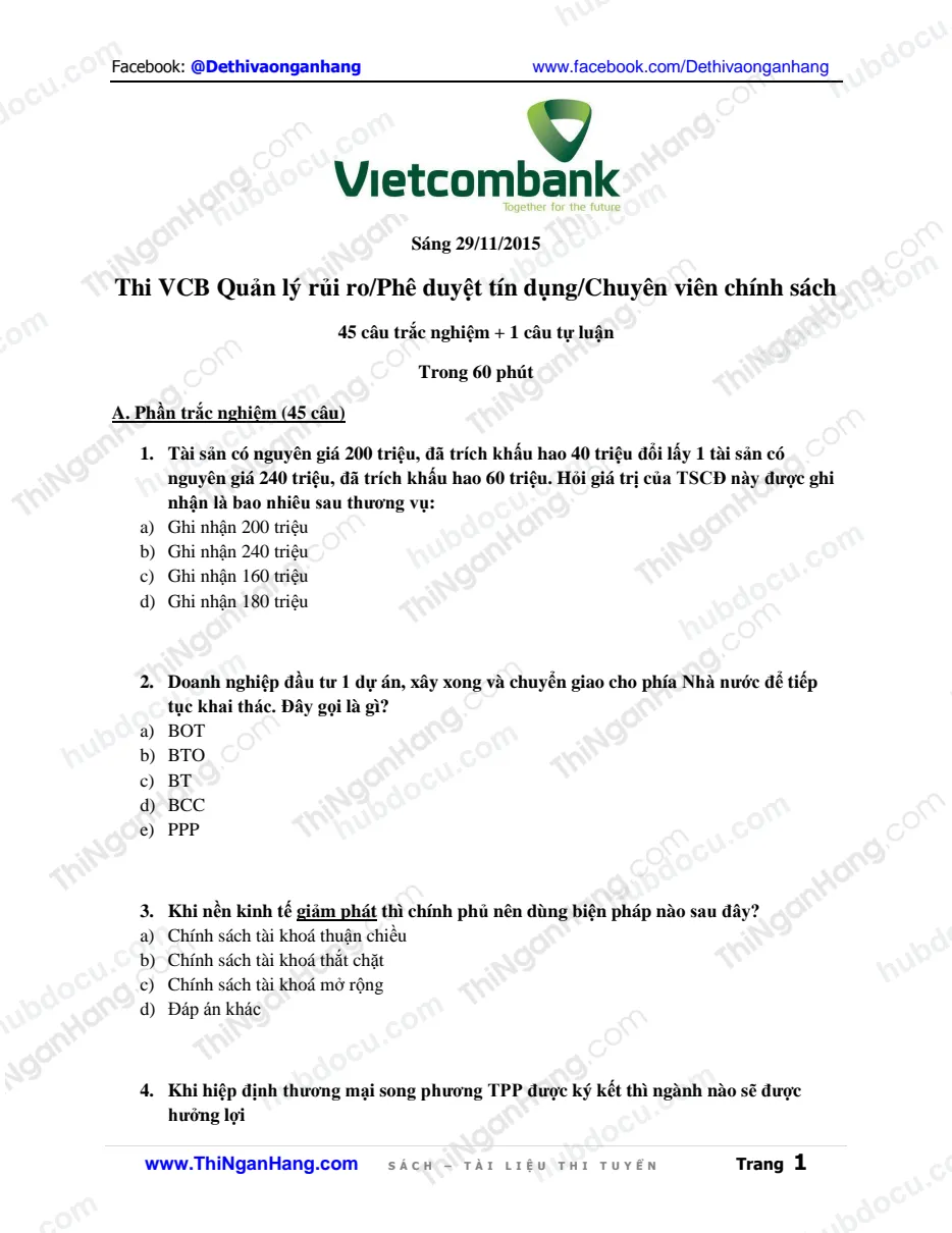 Đề thi Quản lý RR-Phê duyệt TD-CV Chính sách Vietcombank (VCB) (29-11-2015)