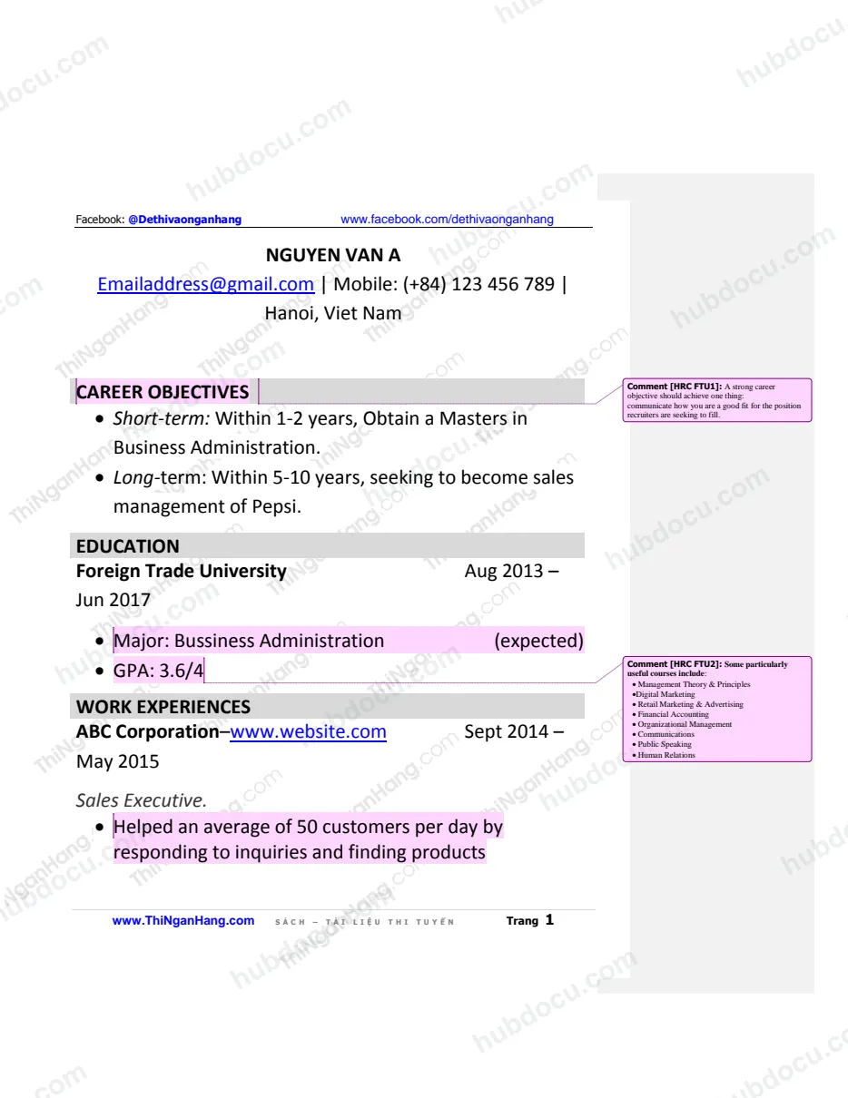Mẫu CV tiếng Anh: ngành Sales
