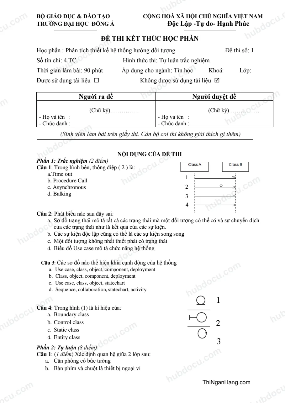 Đề thi môn Phân tích thiết kế hệ thống hướng đối tượng - ĐH Đông Á