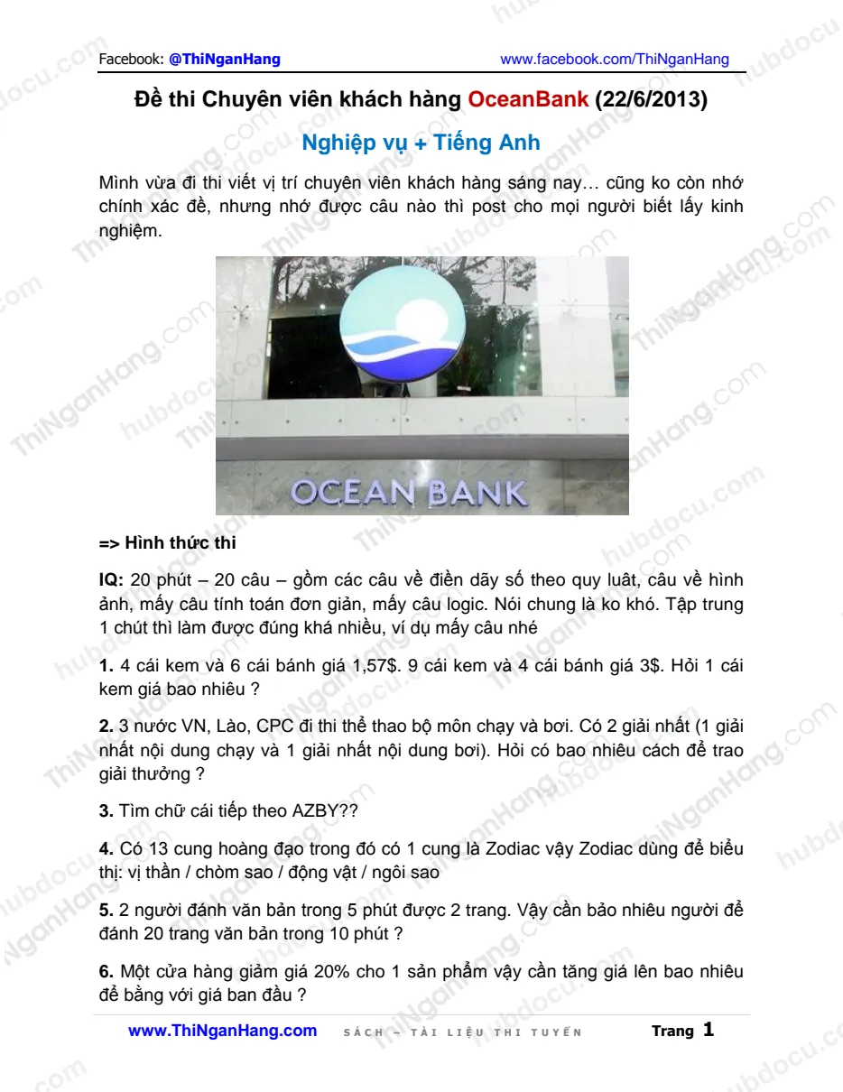 Đề thi Chuyên viên Khách hàng OceanBank 22-6-2013 (Nghiệp vụ + Tiếng Anh)