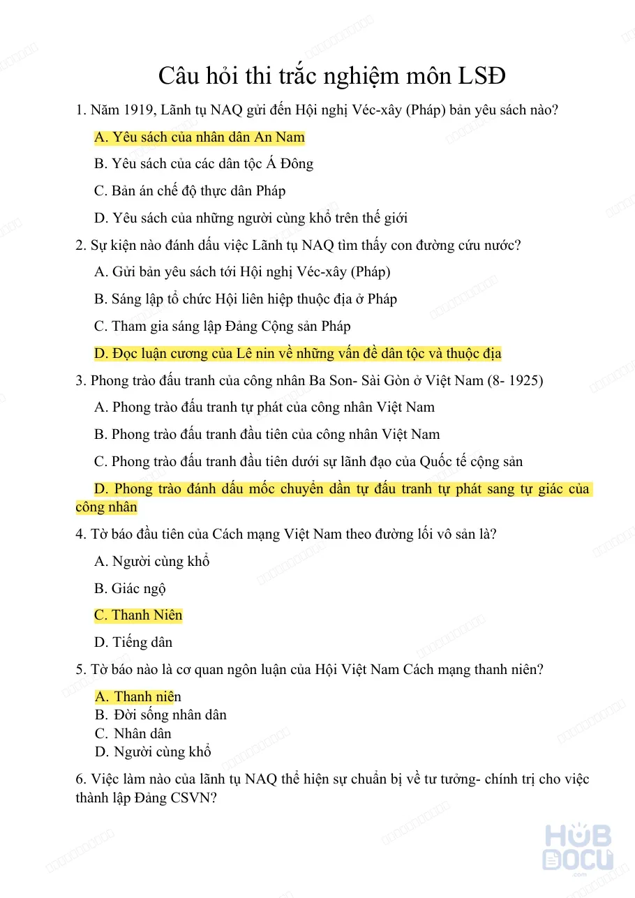 Câu hỏi trắc nghiệm Lịch sử Đảng (Có đáp án)