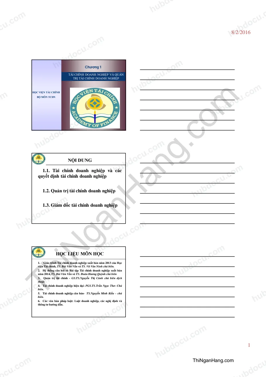 Slide Chương 1. TCDN và Quản trị TCDN - Môn Tài chính doanh nghiệp (HVTC)
