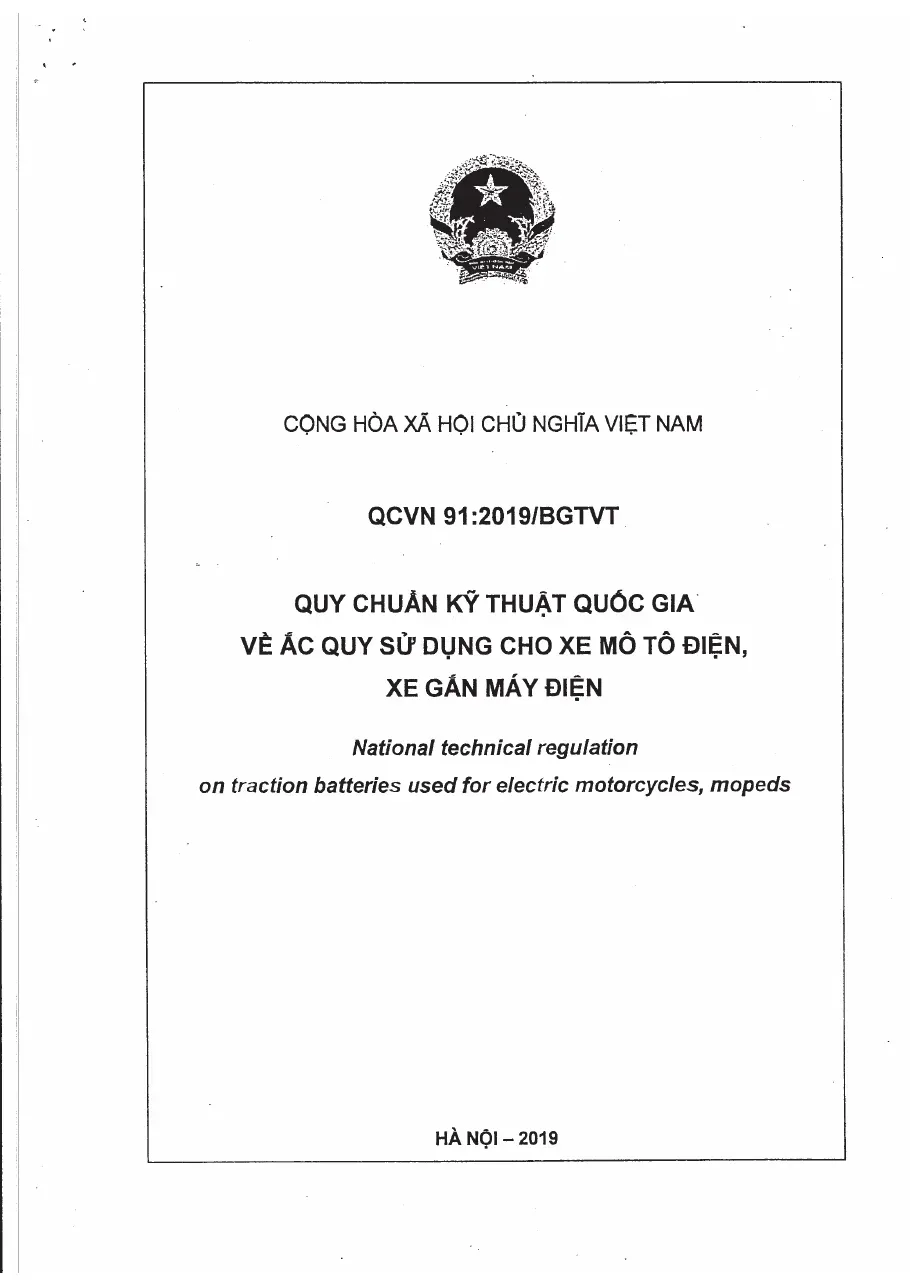 QCVN 91:2019/BGTVT: Ắc quy dùng cho xe máy, xe đạp điện