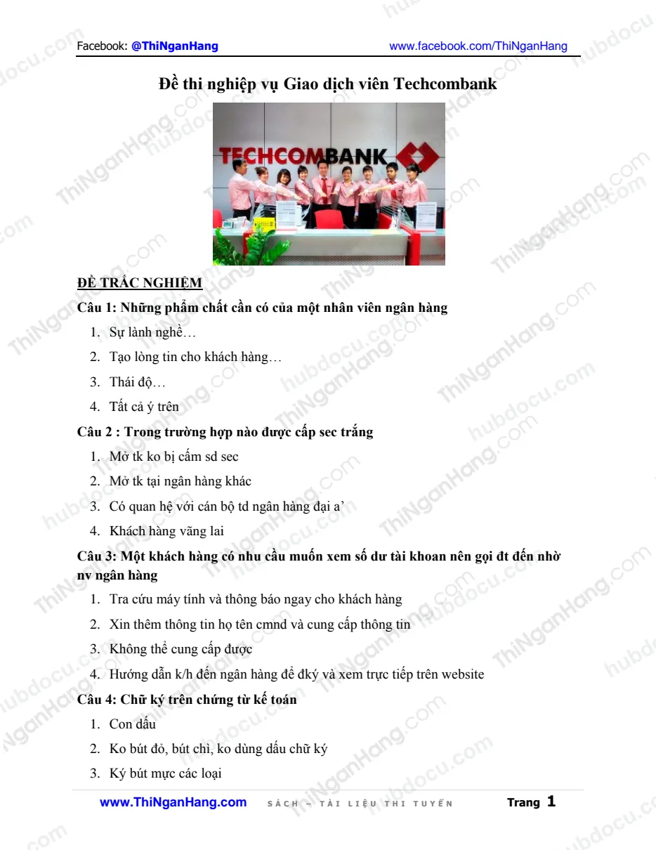 Đề thi Giao dịch viên Techcombank
