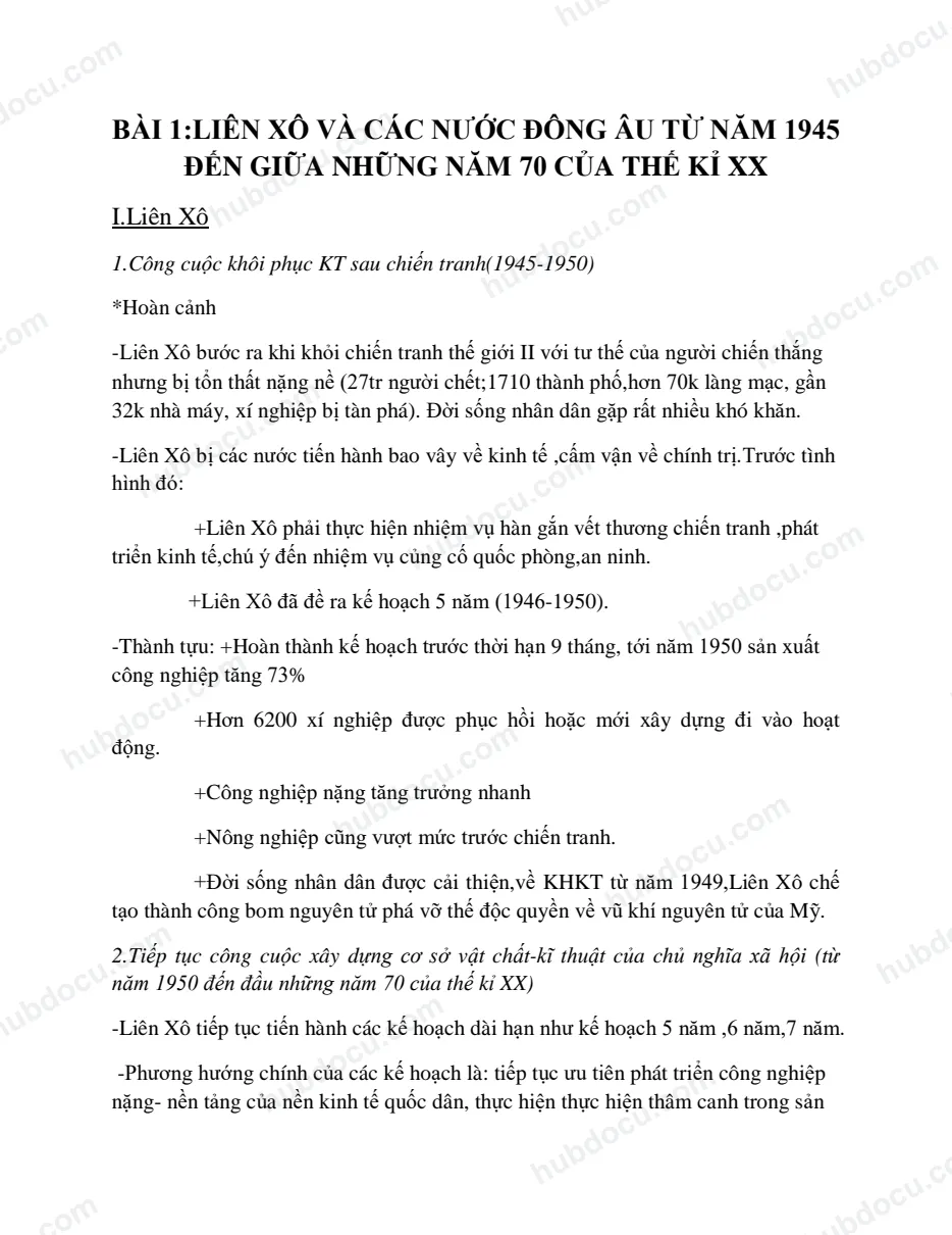 Liên Xô và các nước Đông Âu những năm 1945 đến giữa những năm 70 của thế kỷ XX