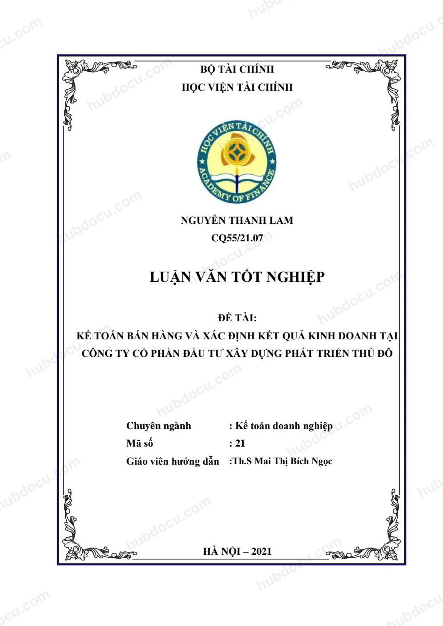 Luận văn tốt nghiệp Kế toán bán hàng và xác định kết quả kinh doanh tại Công ty cổ phần đầu tư xây dựng phát triển Thủ Đô