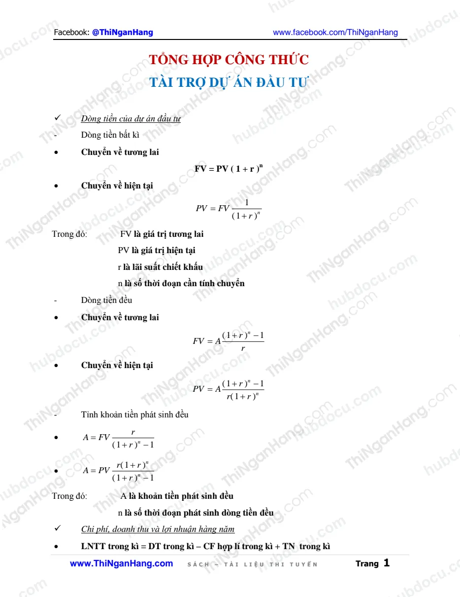 Công thức môn Tài trợ dự án đầu tư