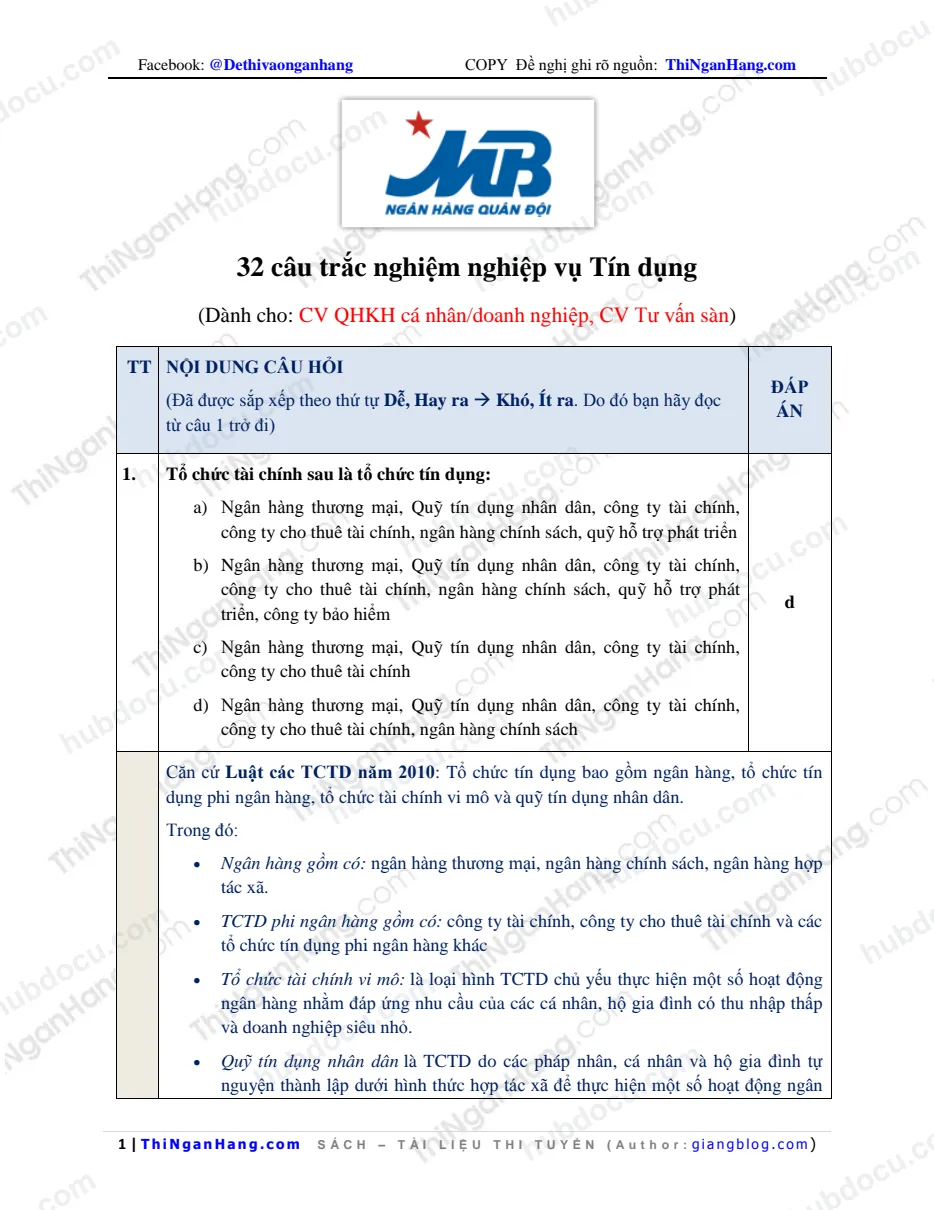 32 câu trắc nghiệm Tín dụng - Thi MB 2016 (có Đáp án chi tiết)