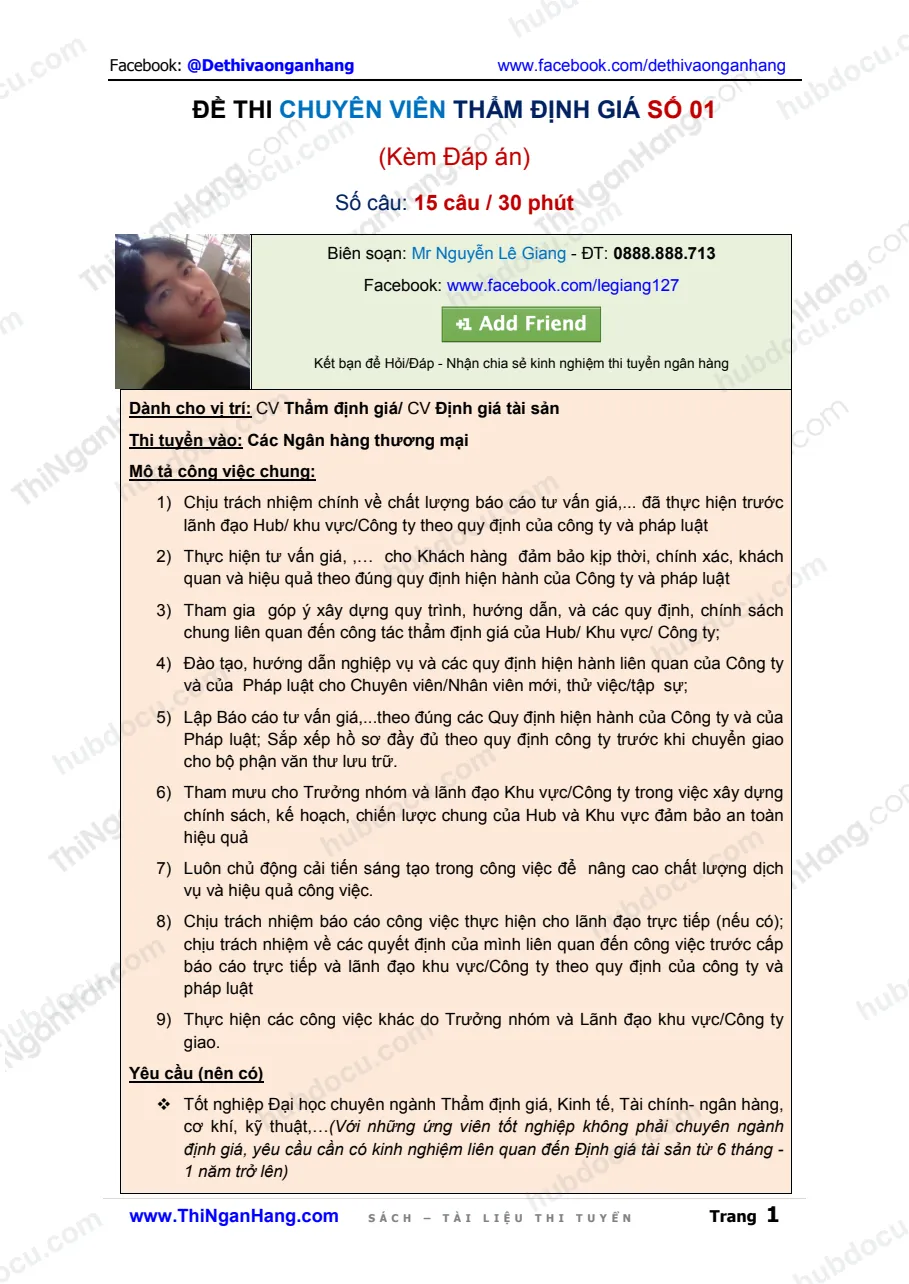 Đề thi CV Thẩm định giá số 01 (kèm Đáp án)