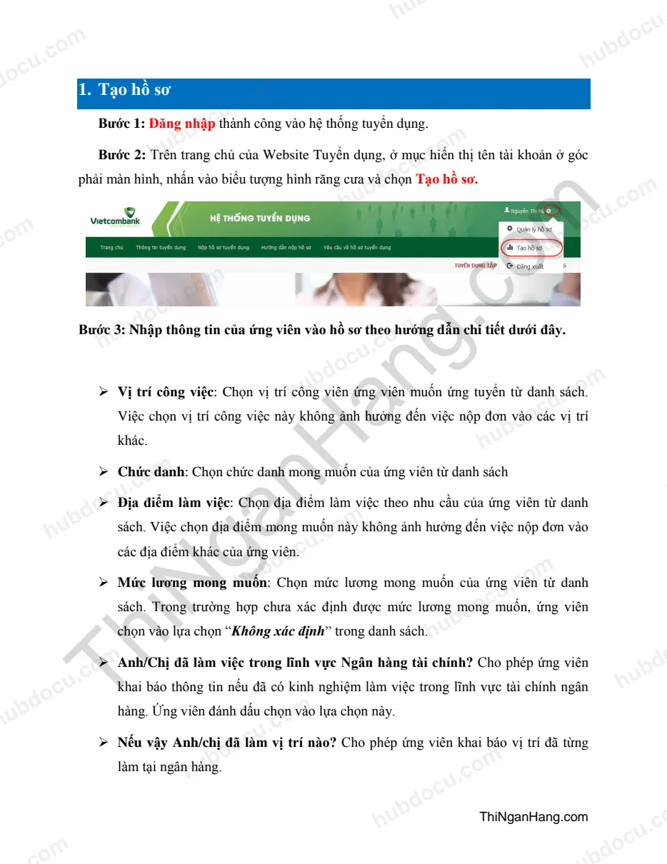 Hướng dẫn đăng nhập và nộp hồ sơ online Vietcombank