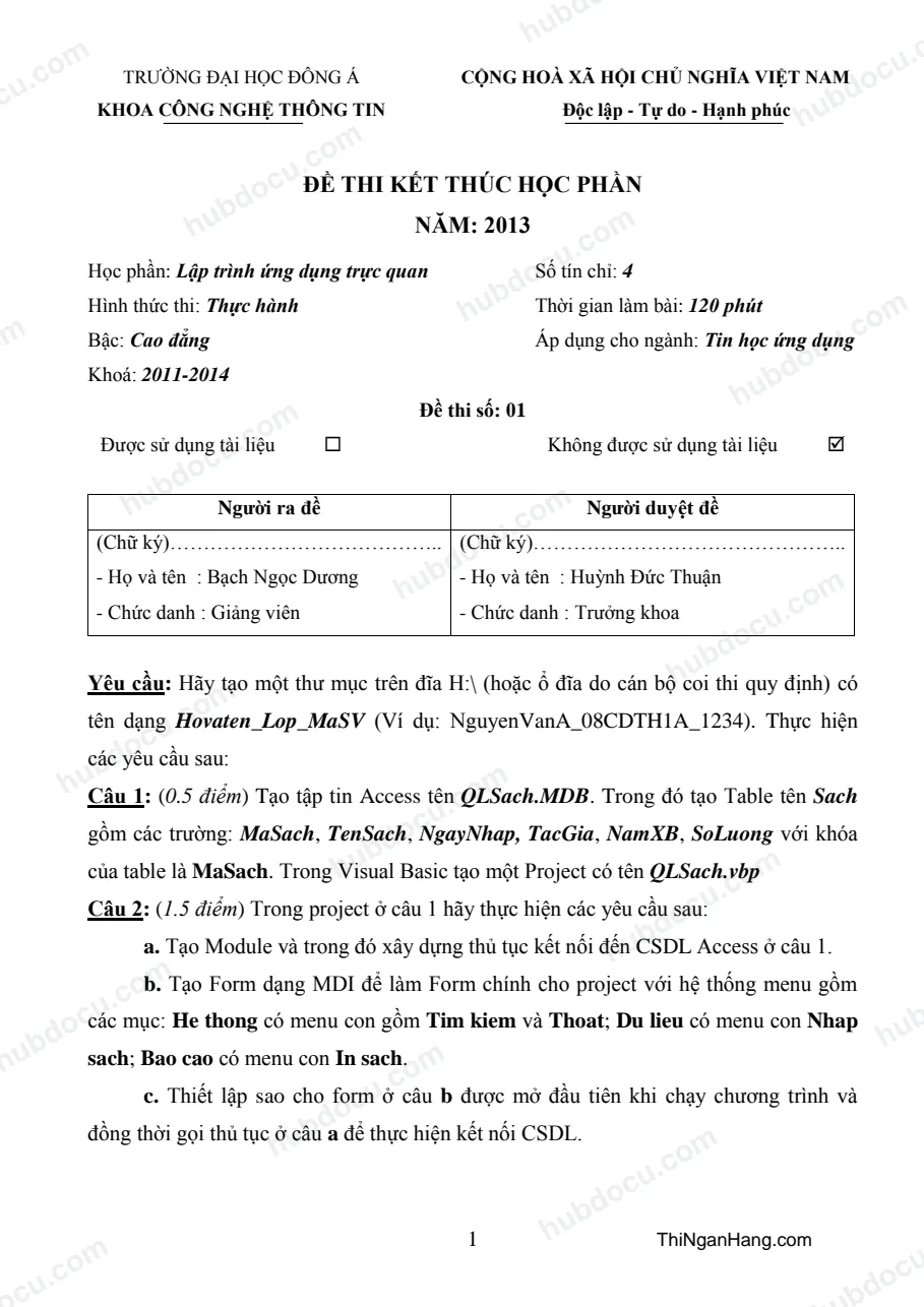 Đáp án đề thi môn Lập trình ứng dụng trực quan - ĐH Đông Á