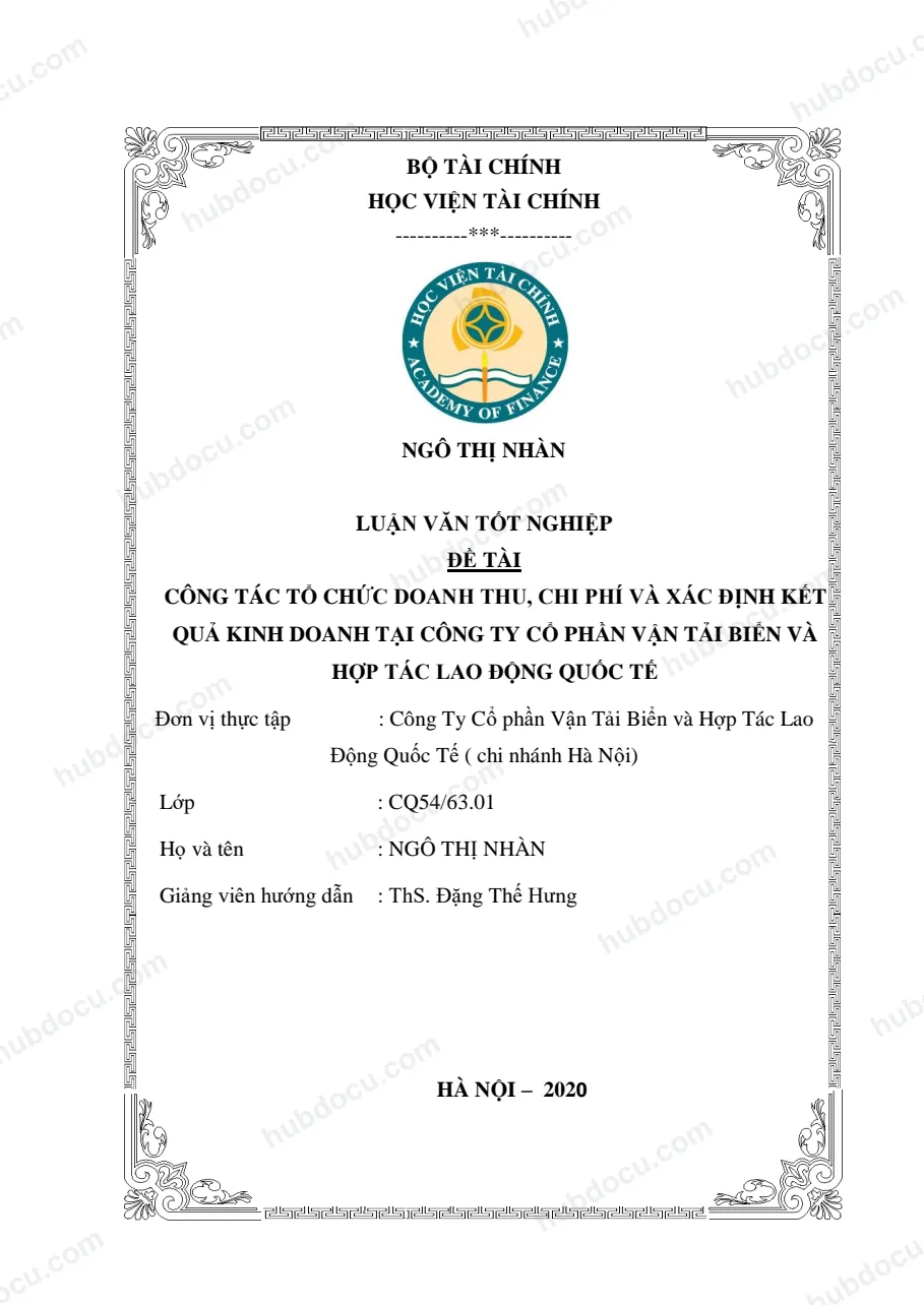 Luận văn tốt nghiệp - công tác kế toán doanh thu, chi phí và xác định kết quả kinh doanh tại công ty Cổ phần Vận tải biển và hợp tác lao động quốc tế