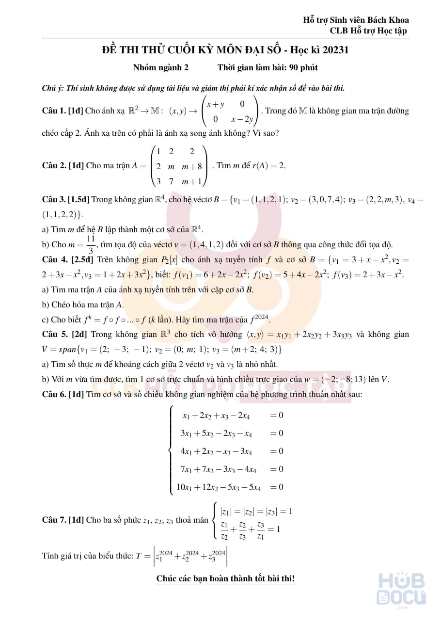 Đề thi môn Đại số tuyến tính (NN2) (Kèm đáp án)