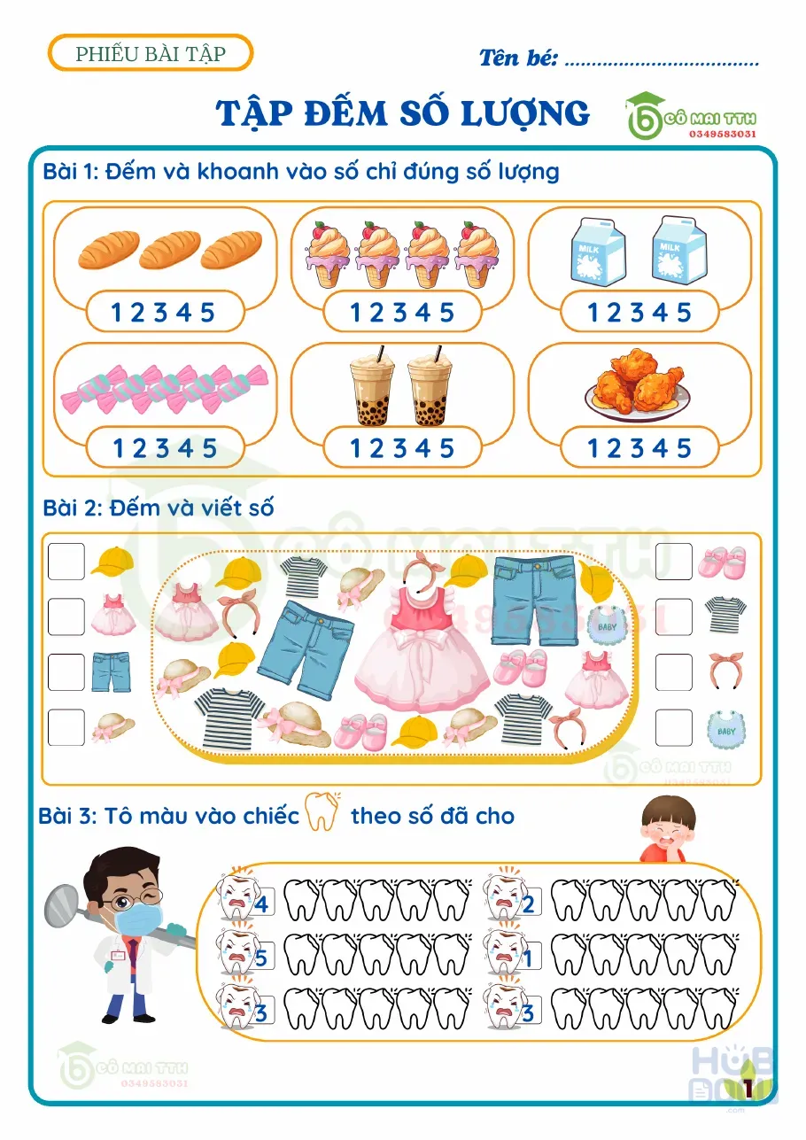 Bài tập Toán Tiền tiểu học - Tập đếm số lượng
