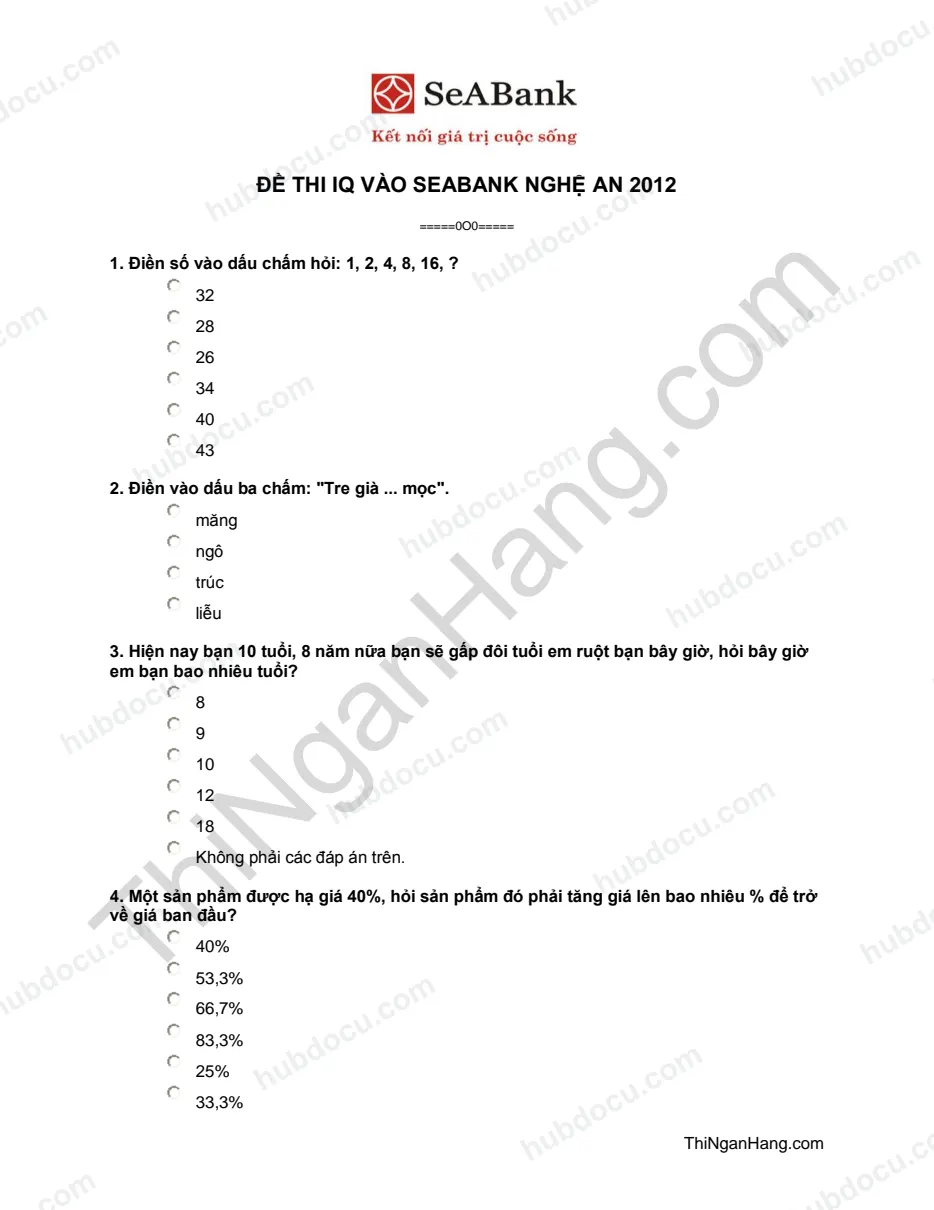 Đề thi IQ vào Seabank Nghệ An 2012