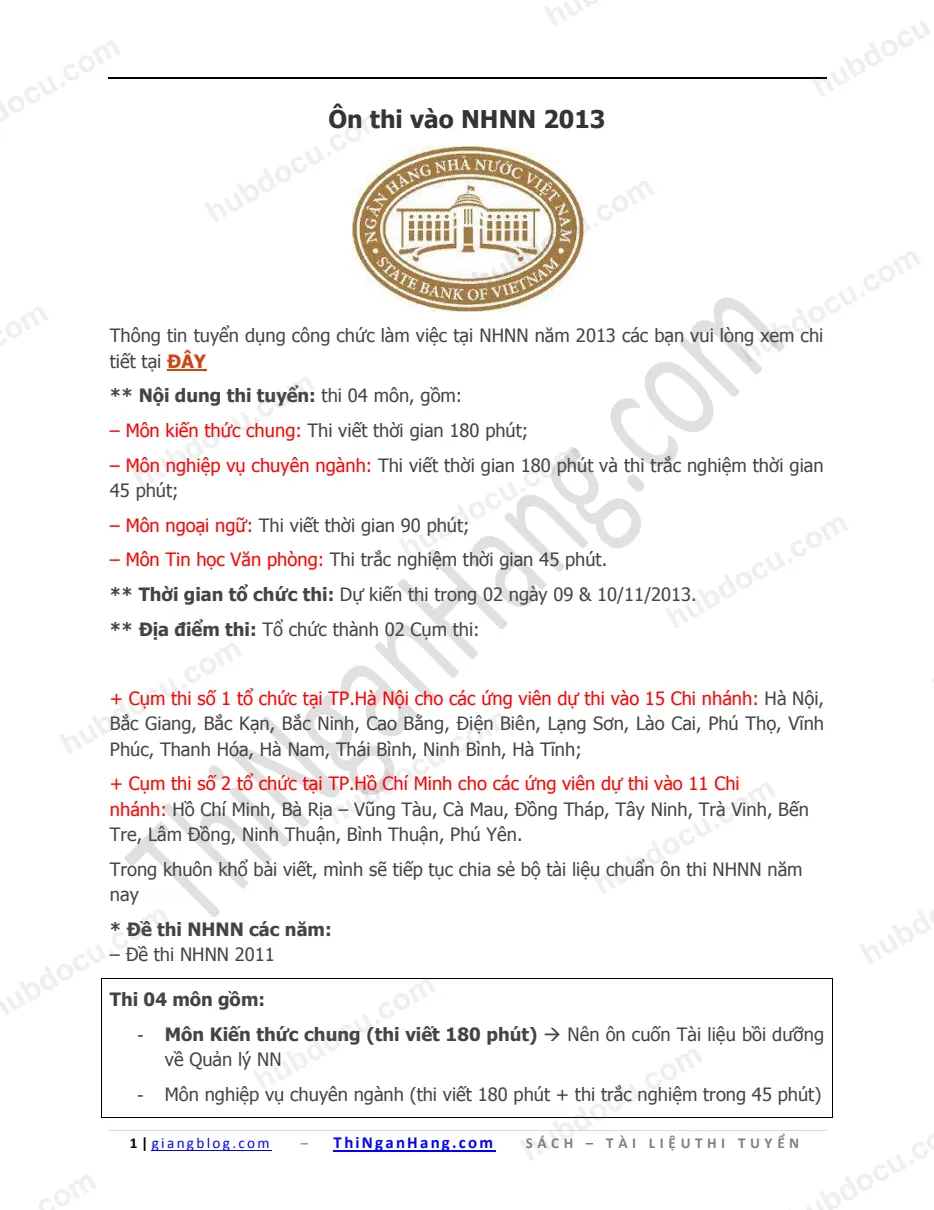 Ôn thi vào NHNN năm 2013 + Đề năm 2011, 2012