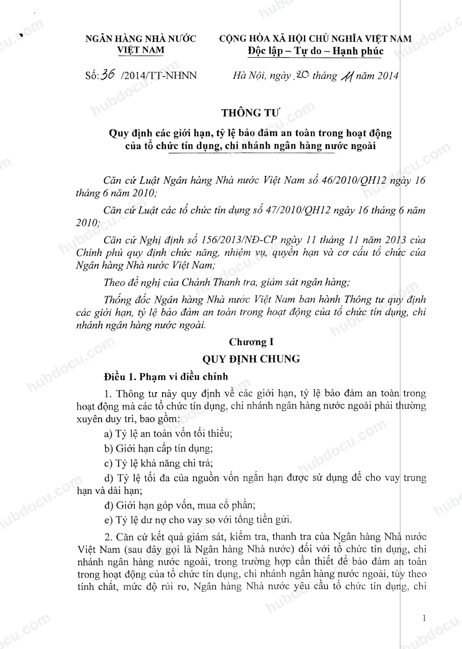 Thông tư 36/2014/TT-NHNN về Quy định các giới hạn, tỷ lệ bảo đảm an toàn trong hoạt động của TCTD, chi nhánh NH nước ngoài