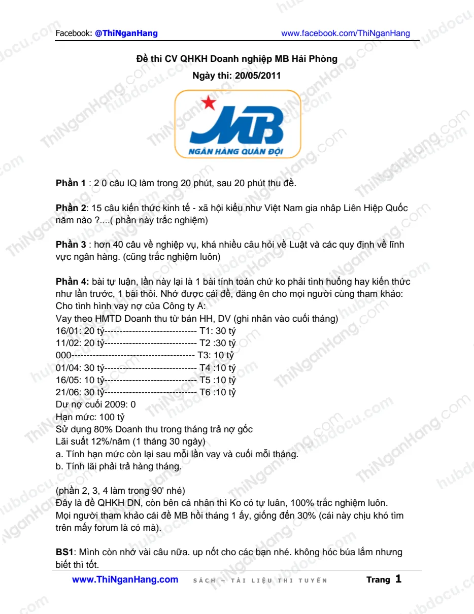 Đề thi CV QHKH doanh nghiệp vào MB Hải Phòng (Ngày 20-5-2011)
