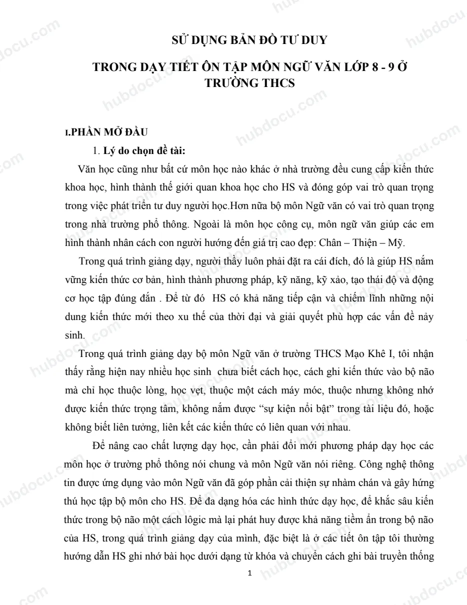 Sử Dụng Bản Đồ Tư Duy Trong Dạy Tiết Ôn Tập Môn Ngữ Văn Lớp 8 - 9 Ở Trường THCS